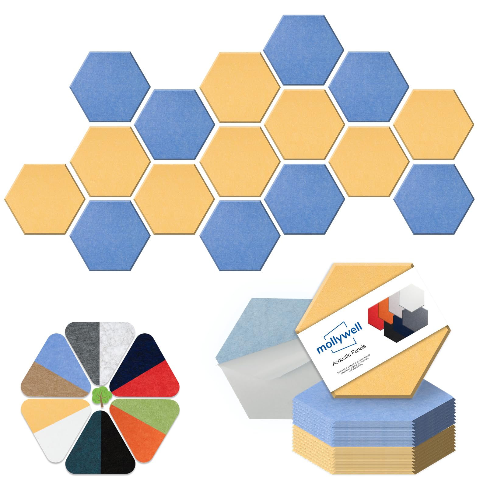 Mollywell Hexagon Acoustic Panels, High Density, Soundproofing, Decorative Noise Reduction Felt Wall Tiles For Ceilings, Home Of